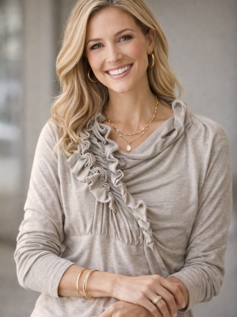 CAbi Ruffle Ruched Top S Oatmeal Romantic Blouse Office Chic Neutral